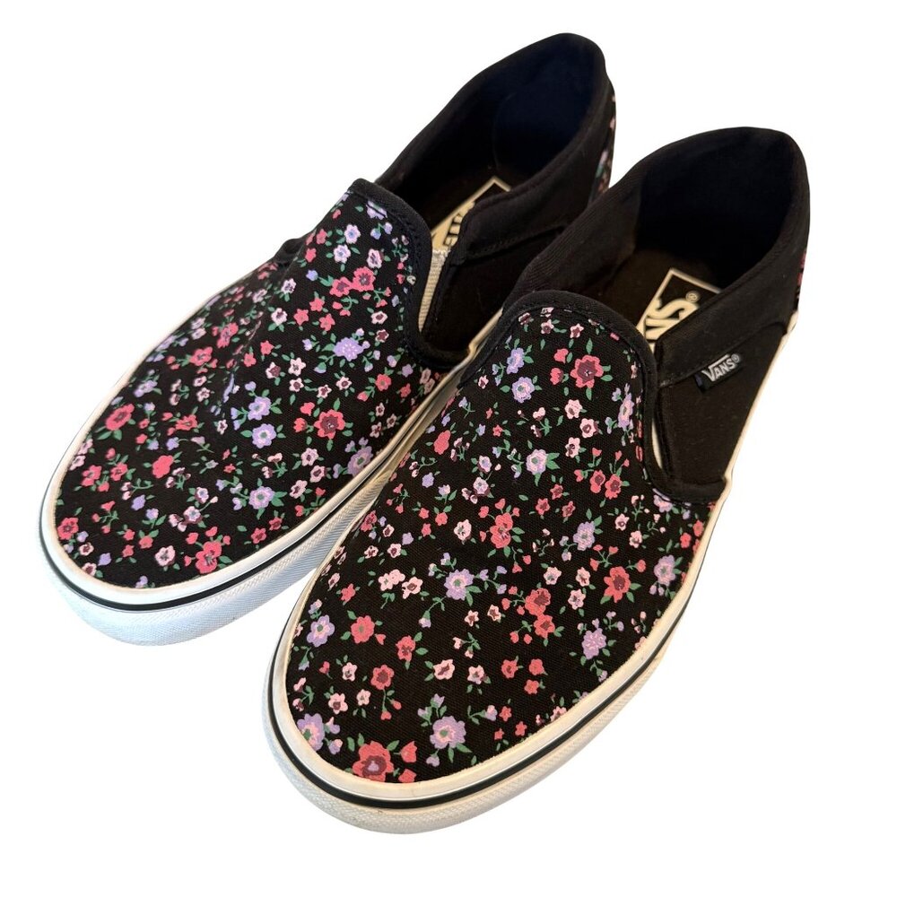 SIZE 8 WOMENS Vans Asher Ditsy Floral Black White Pink Slip-On Sneakers